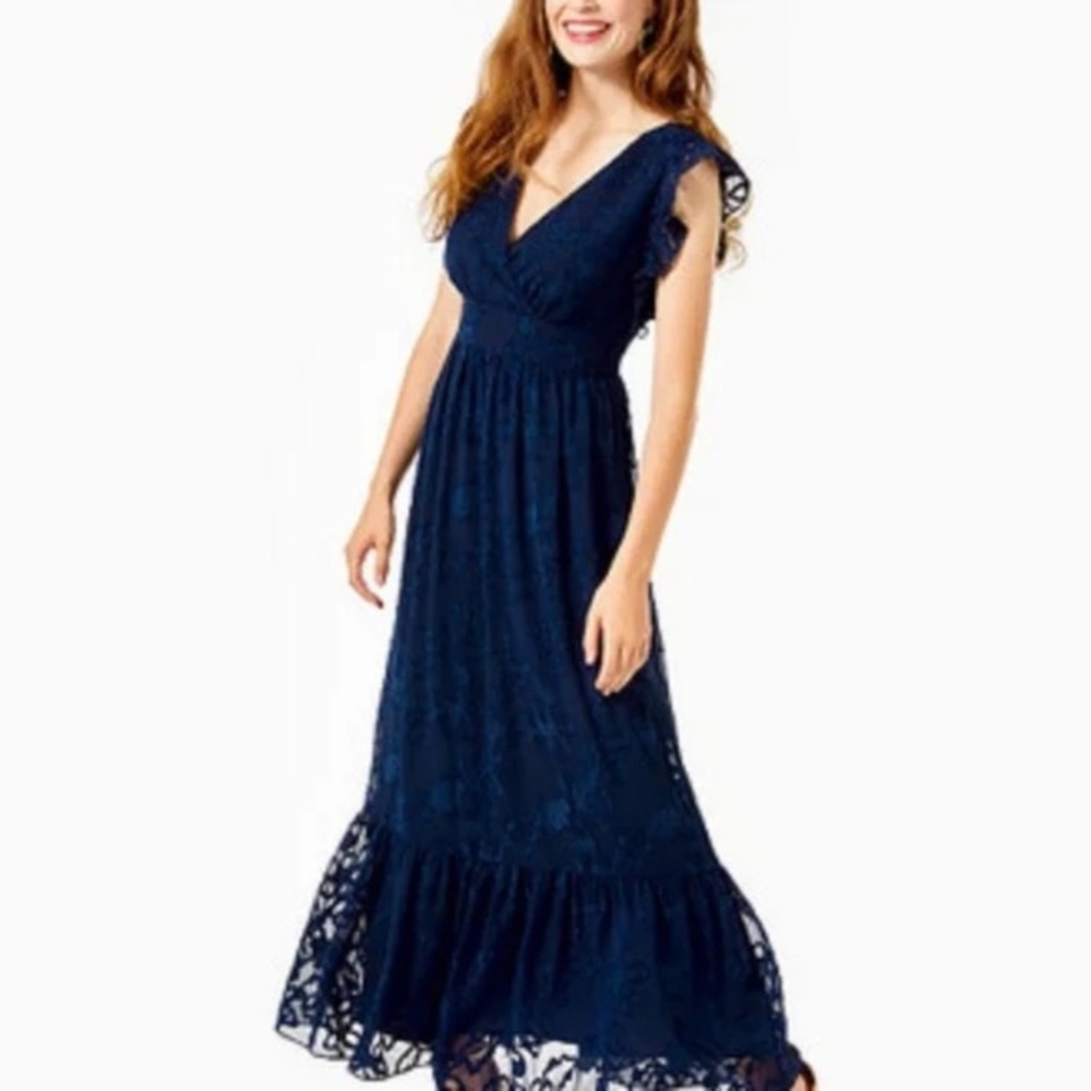 Lilly Pulitzer Autumn Ruffle Midi Dress Navy Blue Gold size 8